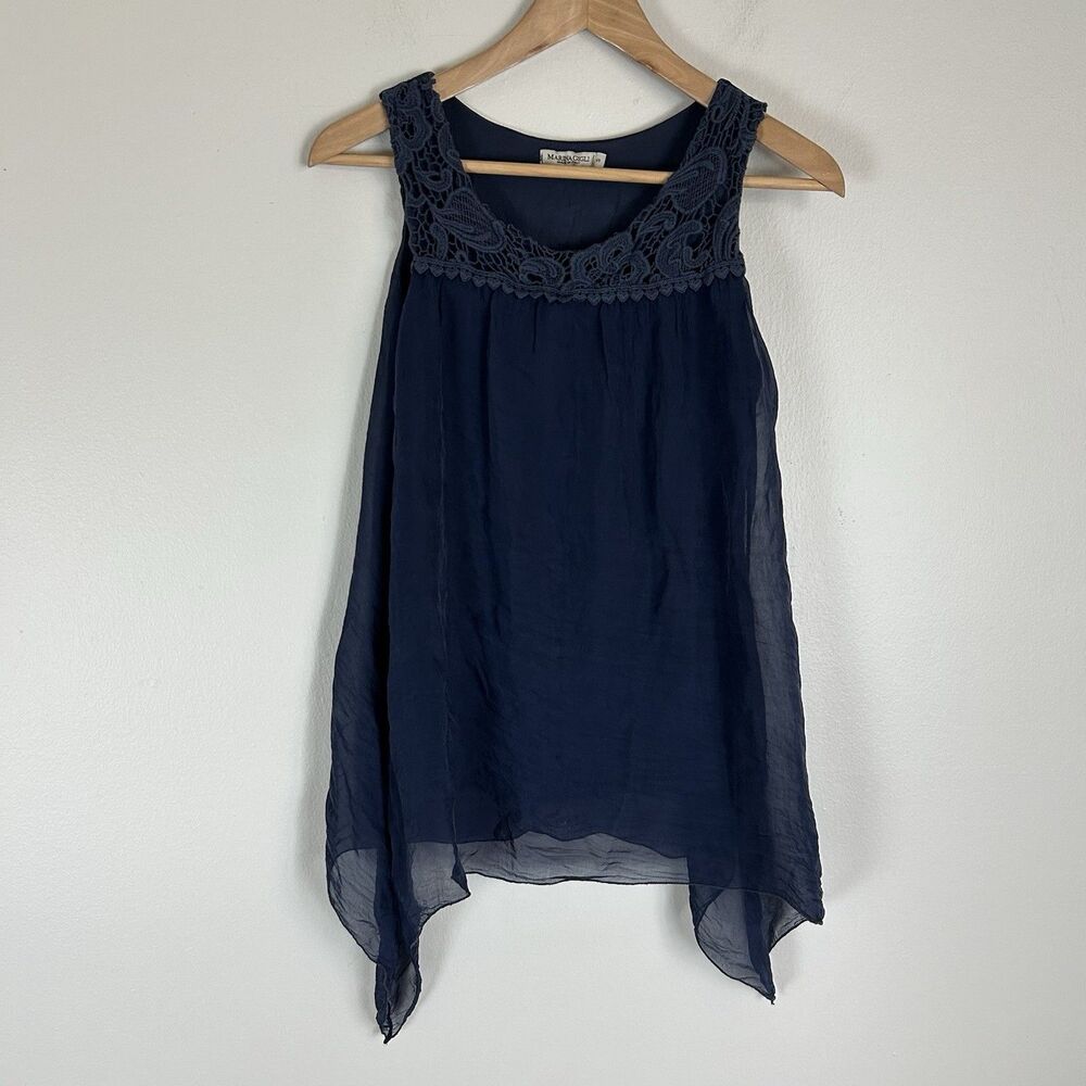 Marina Gigli Italy Silk Small Tunic Top Blouse Blue Asymmetrical Layered
